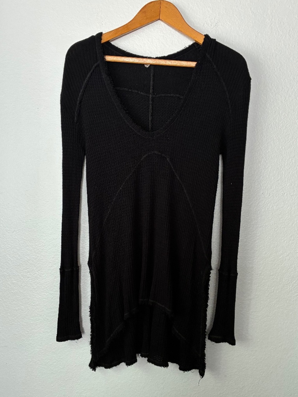 Free People Thermal Long Sleeve Babydoll Top XS Black Waffle Knit Raw Hem